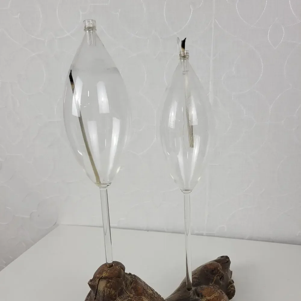 Vintage Burl Root Oil Candle Lamp Glass Lantern Wood Base Retro MCM Decor